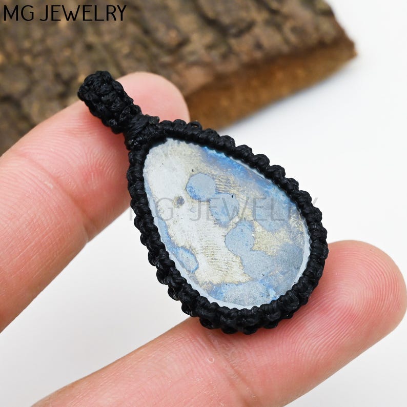 Hematite Macrame Pendant, Gun Metal Gemstone Pendant, Waxed Thread ...