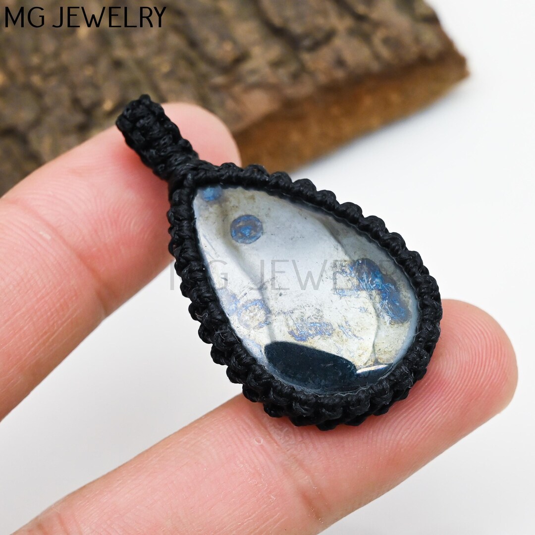 Hematite Macrame Pendant, Gun Metal Gemstone Pendant, Waxed Thread ...
