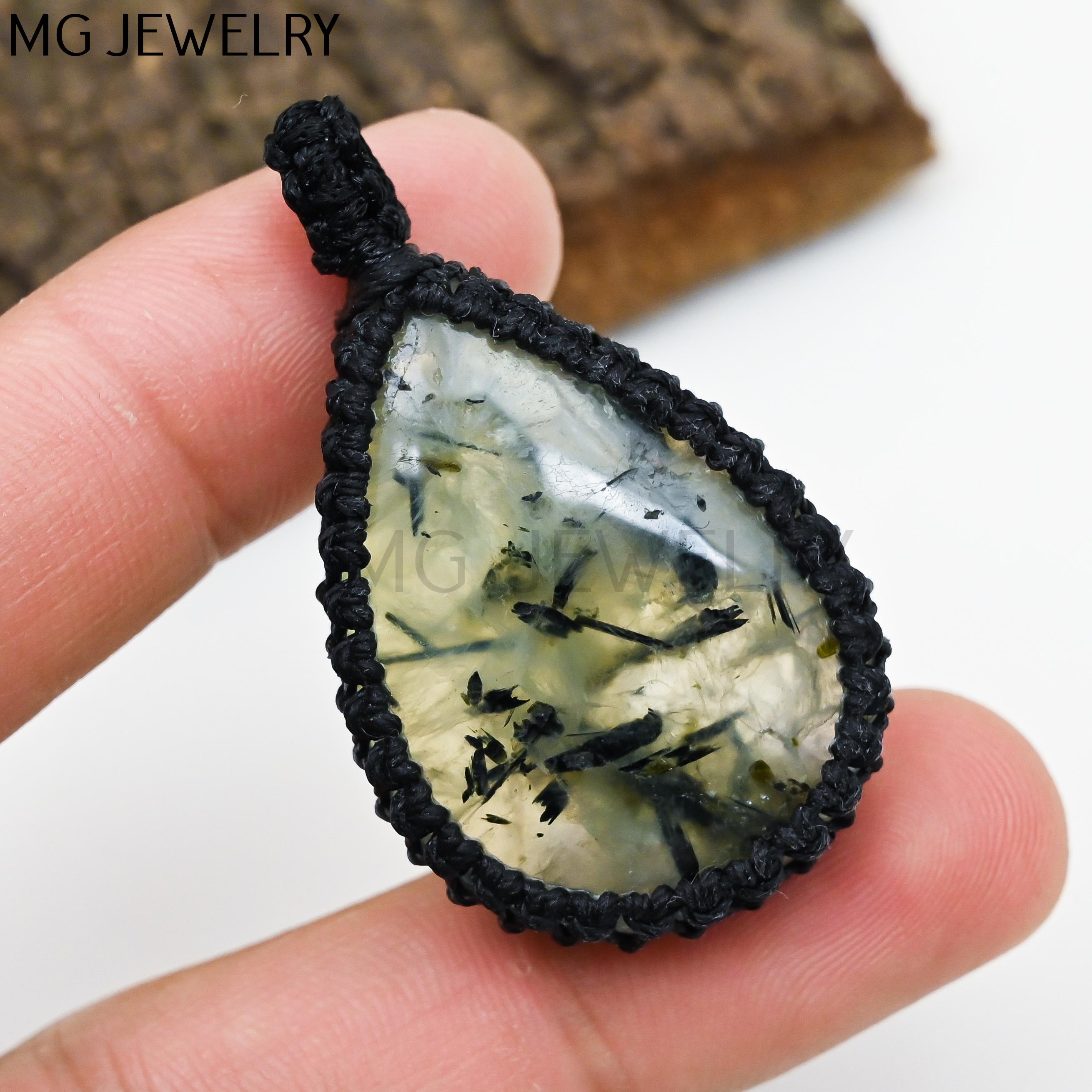 Prehnite Macrame Pendant, Prehnite Gemstone Pendant, Waxed Thread