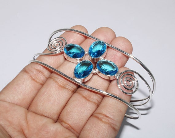 Bracelet Manchette En Argent 925 - Topaze Bleue Suisse (créée En Labo) - Réglable - Fait Main En Inde