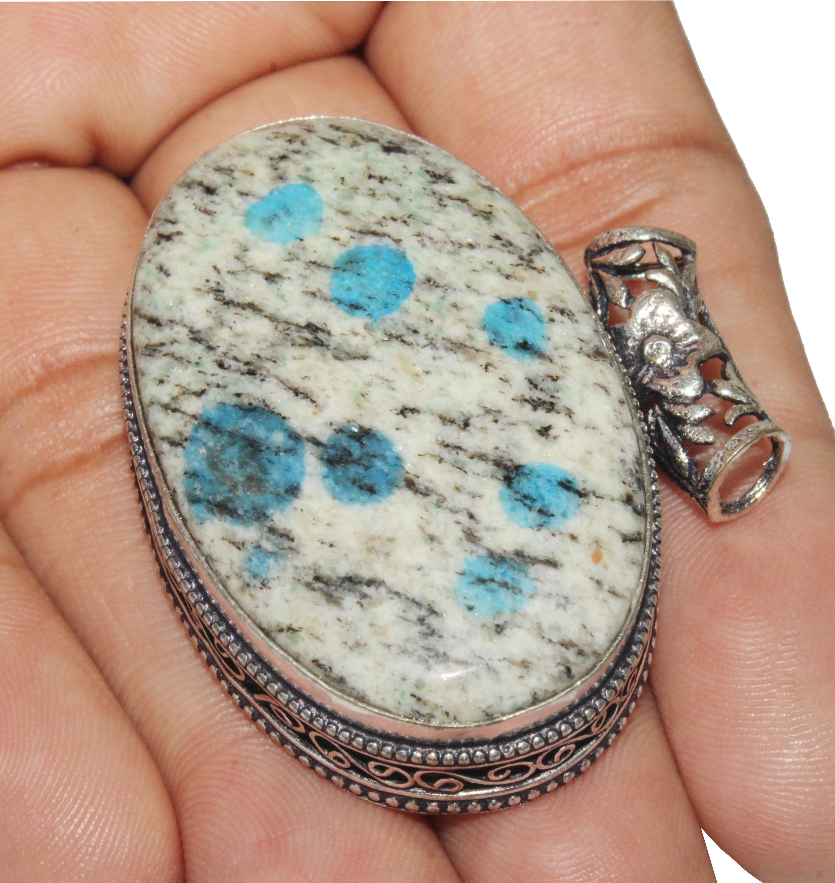Pendentif Fait Main En Argent 925 Avec Pierres Naturelles Jaspe Et Calcite - Longueur 2,5 Pouces