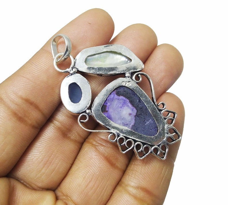 Chalcedony /& Titanium Druzy Pendant 80cts Biwa Pearl Daily Wear Pendant 925 Silver Plated Pendant Size 2.2 Druzy Gemstone Pendant