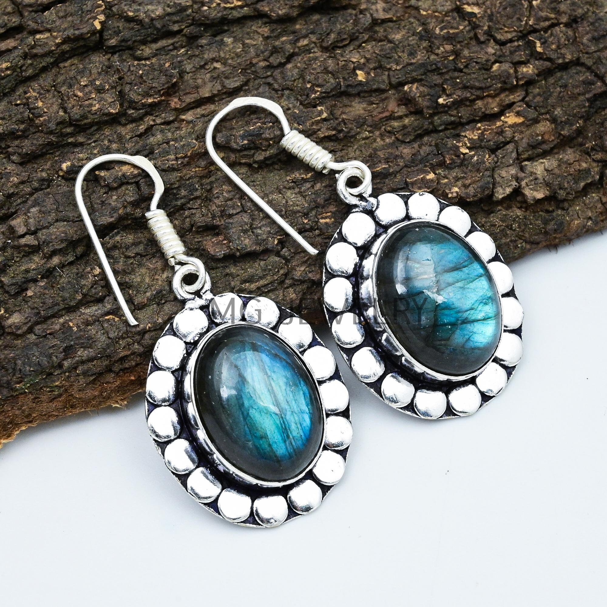Sterling Silver Labradorite Round Dangle Charm Earrings – 10mm Rainbow Gemstone Beads #98269