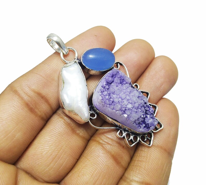 Chalcedony /& Titanium Druzy Pendant 80cts Biwa Pearl Daily Wear Pendant 925 Silver Plated Pendant Size 2.2 Druzy Gemstone Pendant