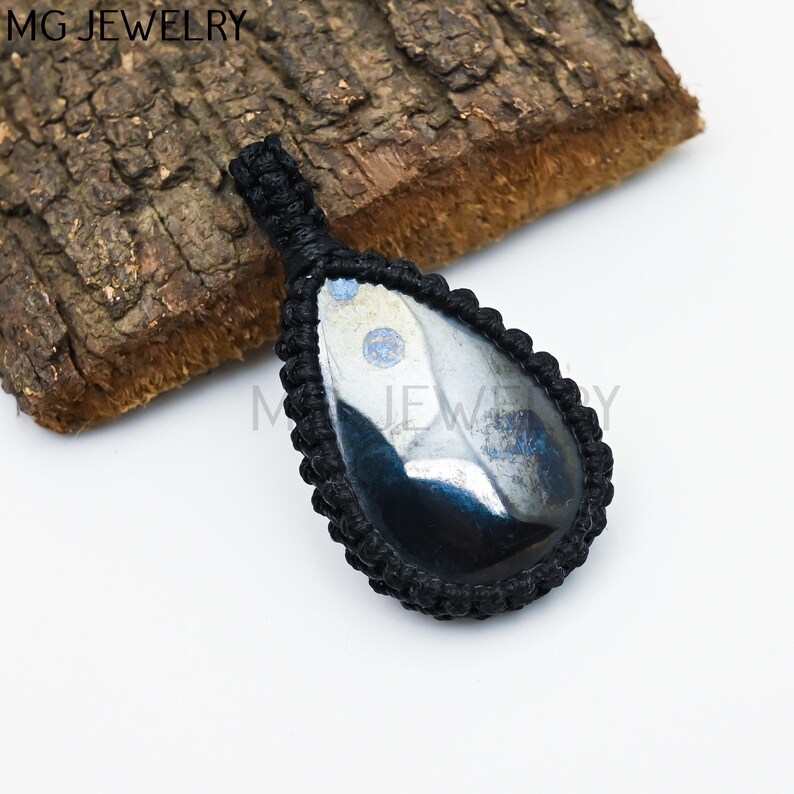 Hematite Macrame Pendant, Gun Metal Gemstone Pendant, Waxed Thread ...