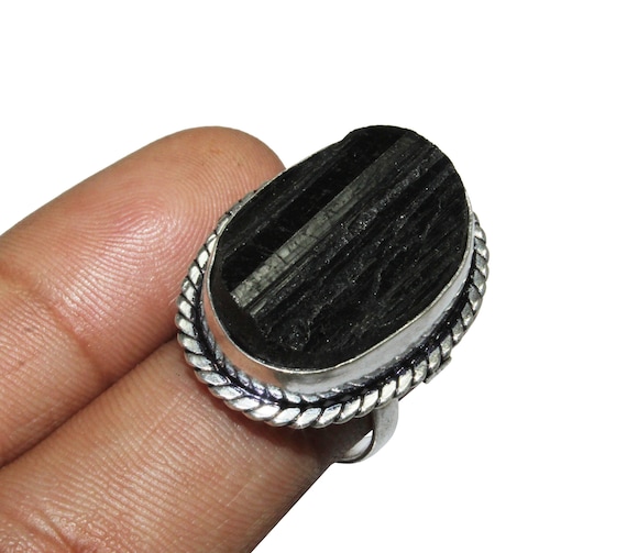 Bague tourmaline noire brute naturelle, bague réglable avec