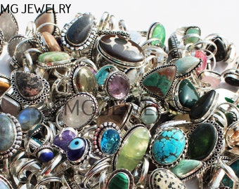 Rings Lot , Multi Gemstone Rings Lot , Mix Gemstone Rings , Mix Sizes & Adjustable Rings , Crystal Rings, 925 Sterling Silver Plated Jewelry