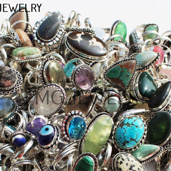 Rings Lot , Multi Gemstone Rings Lot , Mix Gemstone Rings , Mix Sizes & Adjustable Rings , Crystal Rings, 925 Sterling Silver Plated Jewelry