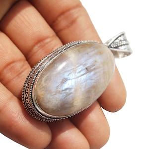 Pendentif Pierre De Lune Grise Naturelle Ronde Serti Argent 925 - 0.75 Inch, Neuf Sans Emballage