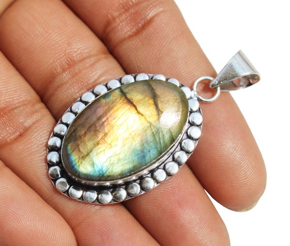 Natural Labradorite Pendant , Labradorite Gemstone Pandant, Healing Pendant, 925 Sterling Silver Plated Jewelry, MGLOT-86(46)