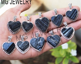 Heart Shape Raw Black Tourmaline Pendants , Gemstone Pendant, Healing Pendant, 925 Sterling Silver Plated Jewelry (MG-LOT01)