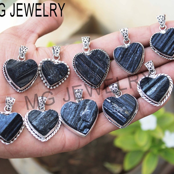 Heart Shape Raw Black Tourmaline Pendants , Gemstone Pendant, Healing Pendant, 925 Sterling Silver Plated Jewelry (MG-LOT01)