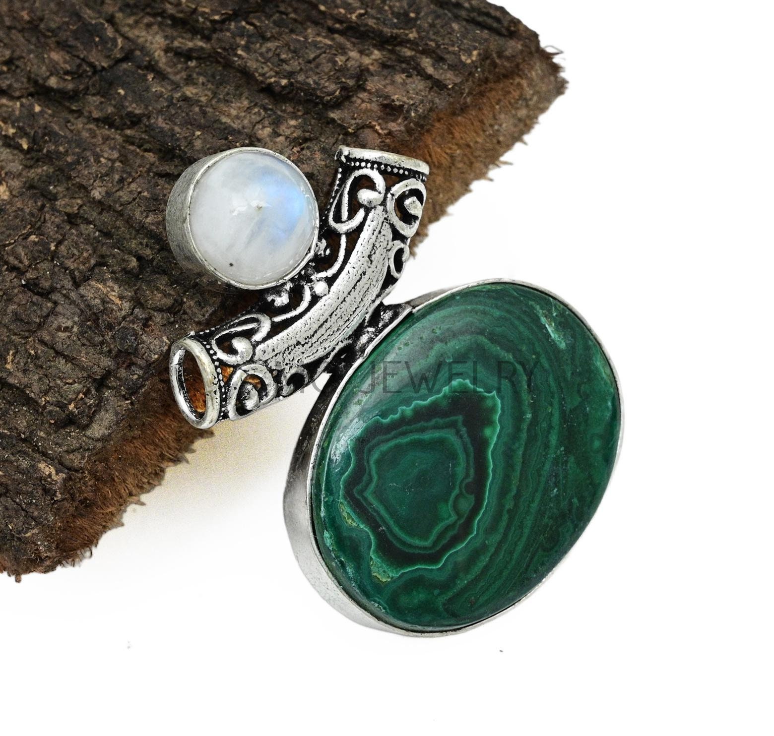 Pendentif Ancien En Argent Sterling Et Malachite - Bijou Vintage Rare, Occasion