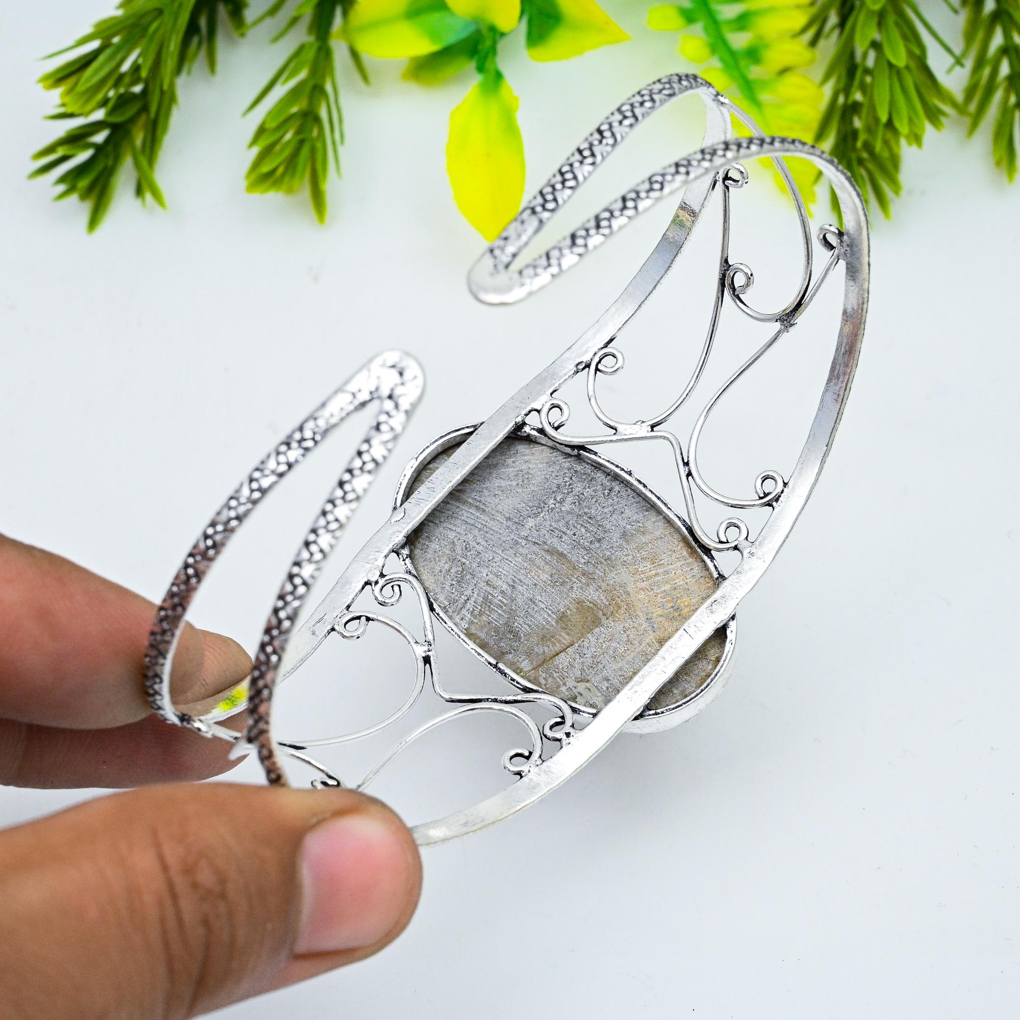 化石サンゴ、バングル、サンゴ、調節可能なカフブレスレット、925