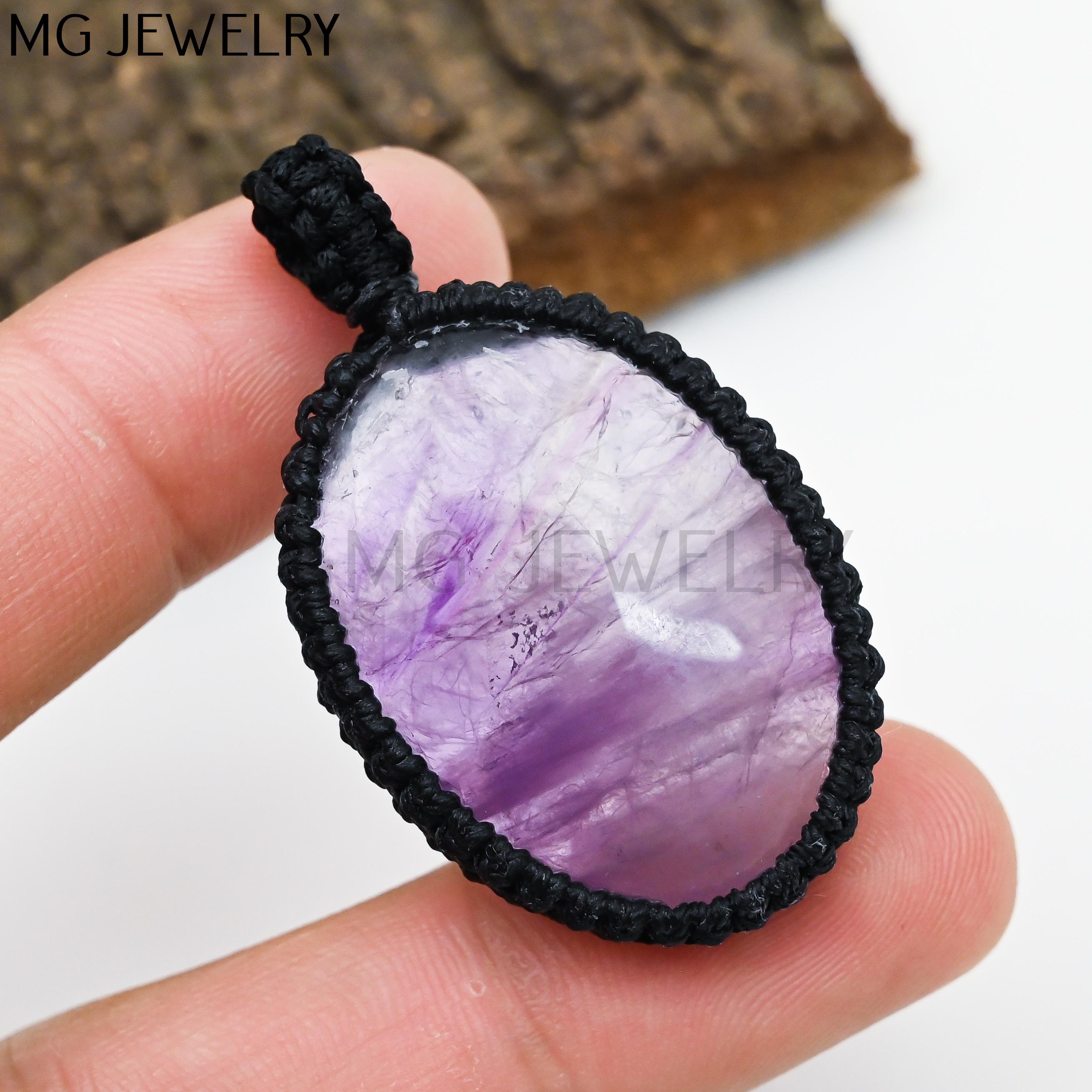 アメジストマクラメペンダント、アメジスト宝石ペンダント、ワックス