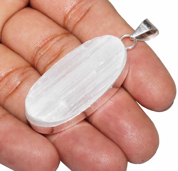 Natural Raw Selenite Pendants , Selenite Gemstone Pendants , Healing Pendant , Reiki Pendant , 925 Sterling Silver Plated Jewelry MGLOT-07