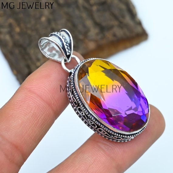 Ametrine Pendant , Gemstone Pendent , Designer Handmade Pendant , Vintage Style Pendant , 925 Sterling Silver Plated Jewelry , MGLOT-90(100)