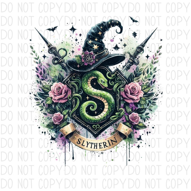 May include: A watercolor illustration of the Hogwarts house crest for Slytherin. The crest features a green snake with a crown on its head, surrounded by pink roses and green leaves. The crest is on a black shield with a gold trim and the word "Slytherin" written in gold on a banner.