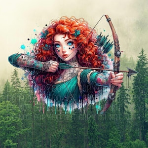 May include: A digital illustration of a woman with long red hair, wearing a green dress and tattoos, holding a bow and arrow. She is standing in a forest with a watercolor background.