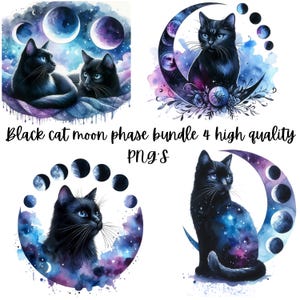 Puede incluir: Un conjunto de cuatro ilustraciones digitales que representan gatos negros y fases lunares. Cada imagen representa un gato negro con ojos azules sobre un fondo de acuarela de estrellas y una luna creciente. Las fases lunares se representan en un círculo alrededor del gato.