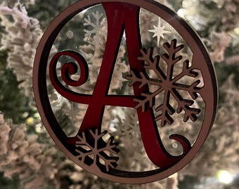 Custom Monogram Christmas Ornament – Personalized Holiday Stocking Tag All Letters with snowflakes