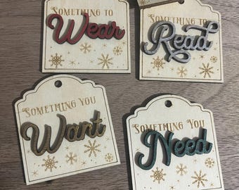 Personalized Reusable Gift Tags – “Want Need Wear Read” Set of 4 – Custom Holiday Tradition