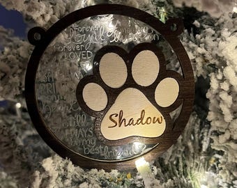 Custom Paw Print Pet Memorial Ornament – Personalized Dog or Cat, Laser-Cut Wood + Acrylic
