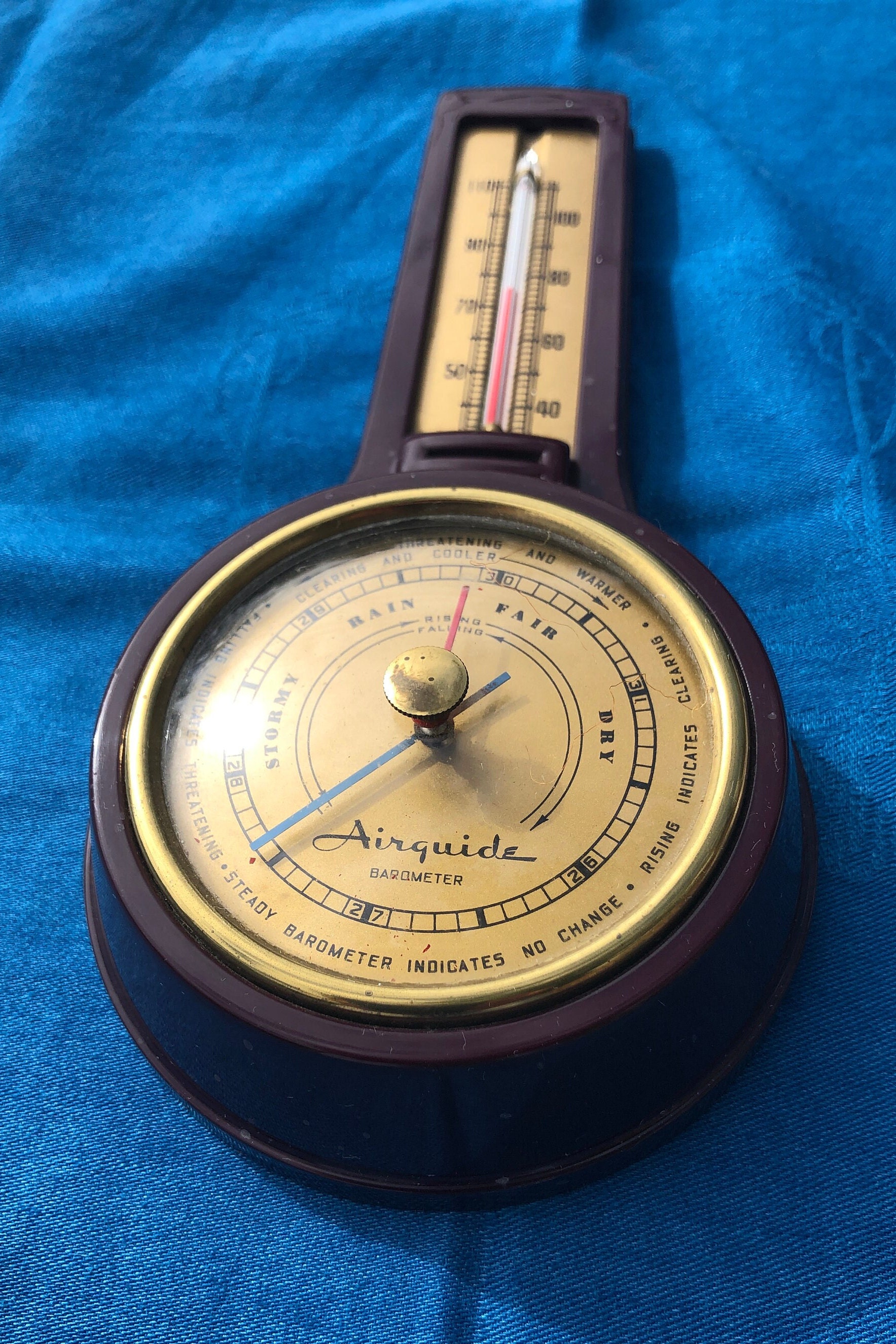 Vintage Mid Century Modern 1956 Airguide Wall Barometer & Thermometer Teak  Brass