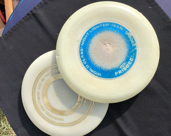 1980 Frisbee Pair, Wham-O, disco volador, Moonlighter, World Class Night Lighter