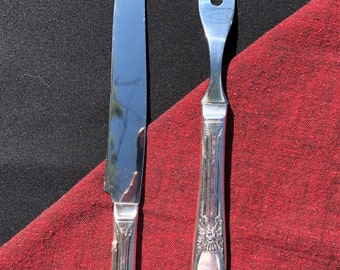 Juego de trinchar plateado: cuchillo y tenedor de acero inoxidable Art Déco
