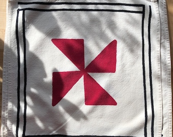 Juego de 6 servilletas vintage con estampado de molinillo, impresas a mano, forma fantástica.