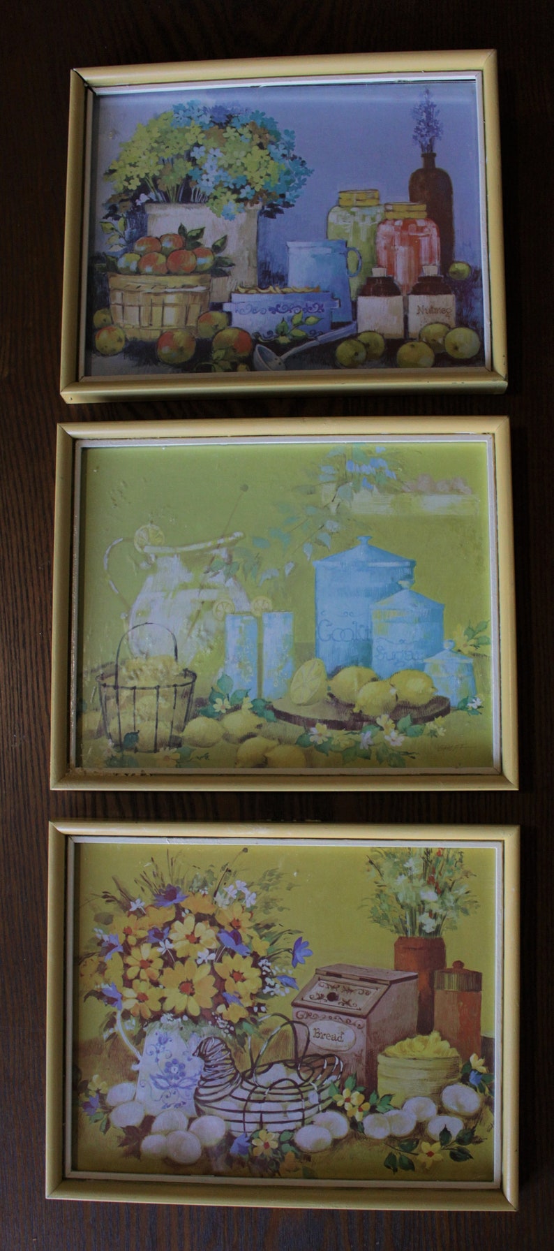 Set of 3 Vintage 1977 Calendar Prints in Yellow Frame image 0