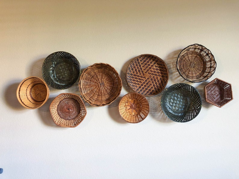 Set of 9 Basket Wall  Dark with Green Accents image 0