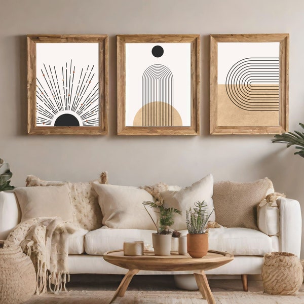 Mid Century Art Prints Set of 3, Neutral Modern Wall Art Decor, Minimalist Digital Prints, Boho Style Art Prints, Abstract Poster Set