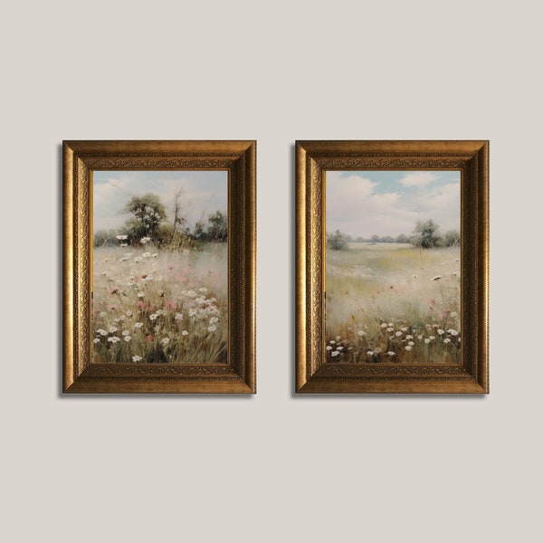 Wildflower Field Set of 2 Prints | Country 2 Pieces Vintage Wall Art | Landscape Painting | Neutral Split Print | Farmhouse Decor, PRINTABLE