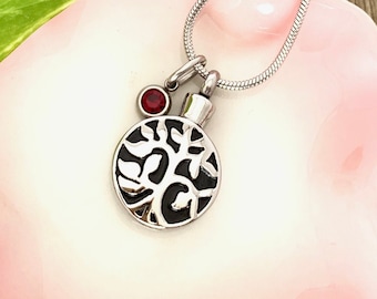 Cremation Necklace Round Pendant - Personalized Birthstone Urn Necklace for Ashes - Tree of Life Memorial Ashes Necklace For Pets or Human