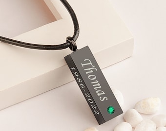 Urn Necklace for Men, Birthstone Personalized Cremation Jewelry, Custom Name or Date Urn Necklace, Memorial Black Bar Necklace for Hum Ashes