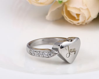 Memorial Ring for Pet , Personalized Ashes Jewelry Heart Urn Ring, Size 6 -10, Cremation Ring for Dog and Human Ashes
