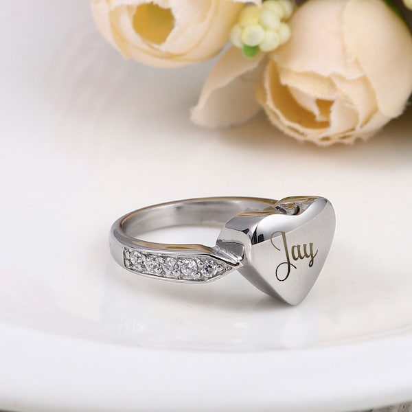 Memorial Ring for Pet , Personalized Ashes Jewelry Heart Urn Ring, Size 6 -10, Cremation Ring for Dog and Human Ashes