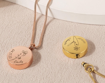Personalized Memorial Ashes Cremation Jewelry for Women - Custom Name and Date Urn Necklace -  Birth Flower Round Urn Necklace for Ashes