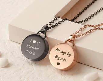 Urn Necklace for Human Ashes - Custom Engraved Cremation Jewelry - Round Lock of Ashes Necklace - Ashes Necklace Jewelry for Ashes