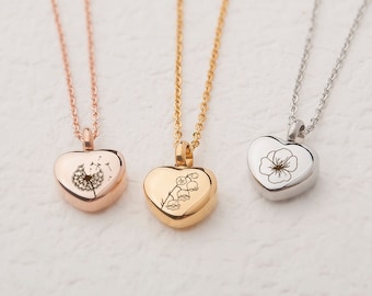 Urn Necklace for Human Ashes - Engraved Birth Flower Urn Pendant - Sunflower Heart Cremation Necklace - Birth Flower Keepsake Ashes Necklace