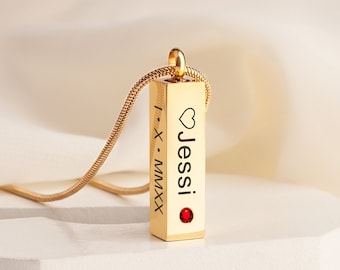 Personalized Birthstone Urn Necklace, Bar Urn Jewelry, Ashes Necklace for Women, Custom Birthstone Cremation Jewelry, Memorial Necklace