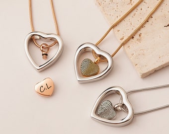 Fingerprint Cremation Urn Necklace, Personalized Heart Thumbprint Initial Name Memorial Jewelry for Human or Pets Ashes Keepsake