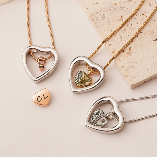 Fingerprint Cremation Urn Necklace, Personalized Heart Thumbprint Initial Name Memorial Jewelry for Human or Pets Ashes Keepsake
