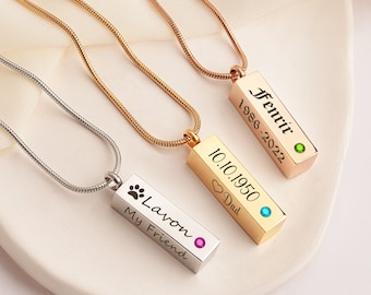 Birthstone Urn Necklace - Cremation Jewelry - Custom Birthstone Engraved Bar Urn Pendant -Memorial Cremation Necklace for Human or Pet Ashes