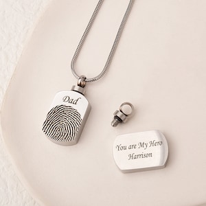 Fingerprint Dog Tag Ashes Necklace - Personalized Engraving Cremation Jewelry - Memorial Thumbprint Urn Necklace for Human or Pet