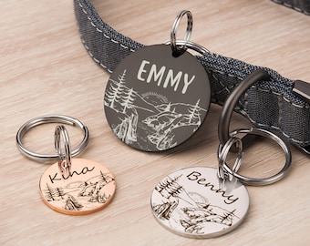 Dog Tag - Dog Tags For Dogs Personalized - Mountain Dog Tag - Dog Id Tags Double Sided Engraved - Dog Name Tag Mountain Sunrise Scene