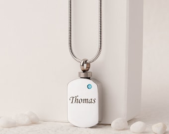 Dog Tag Birthstone Personalized Ashes Necklace - Engraved Name Urn Necklace - Cremation Necklace for Human and Pet Ashes, Memorial Gift