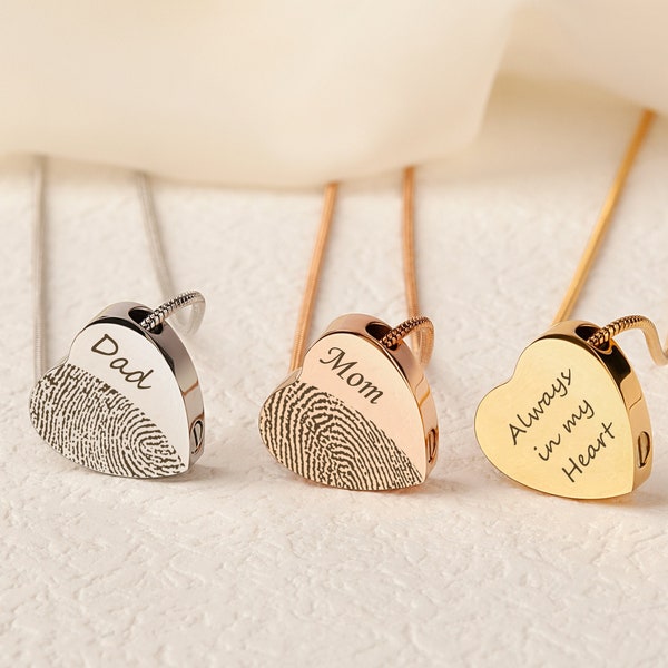 Fingerprint Cremation Urn Necklace, Custom Handwriting Name Heart Pendant, Memorial Jewelry for Human and Pet Ashes